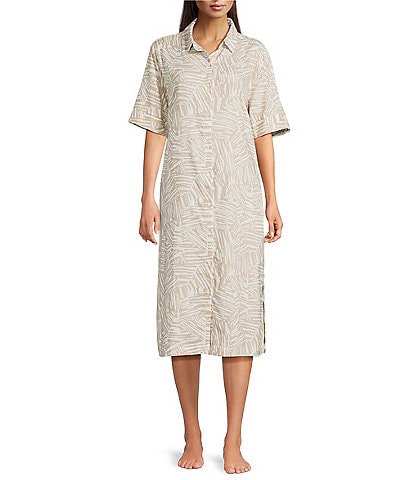 Nottibianche Woven Geo Animal Short Sleeve Notch Collar Button Front Caftan