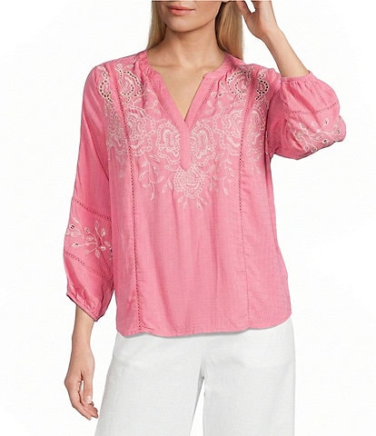 Nurture Embroidered 3/4 Sleeve V-Neck Placket Top