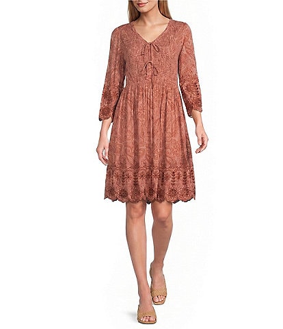 Nurture 3/4 Sleeve V-Neck Smocked Tie Short Dress