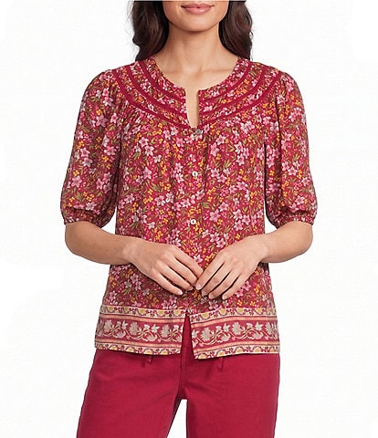 Nurture Button Front Elbow Sleeve Y-Neck Top
