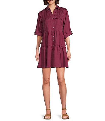Nurture by Westbound 3/4 Sleeve Point Collar Dual Chest Pocket Tiered Shirt Dress