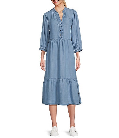 Nurture by Westbound 3/4 Sleeve Smocked Chambray Midi A-Line Dress