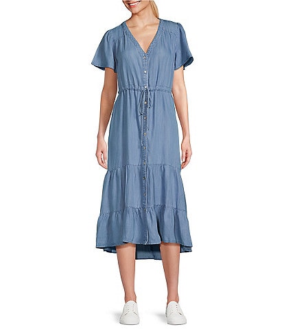 Nurture by Westbound Button Front Short Flutter Sleeve A-Line Chambray Midi Dress