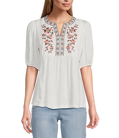 Nurture by Westbound Elbow Sleeve Embroidered Square Yoke Top