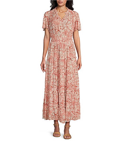 Nurture by Westbound Floral Print Split V-Neck Short Sleeve Ruffle Tiered A-Line Maxi Dress