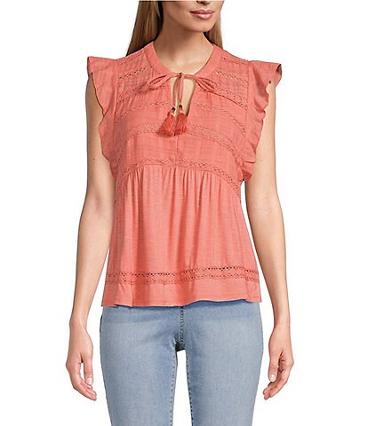 Lucky Brand Embroidered Square Neck Short Flutter Sleeve Top | Dillard's