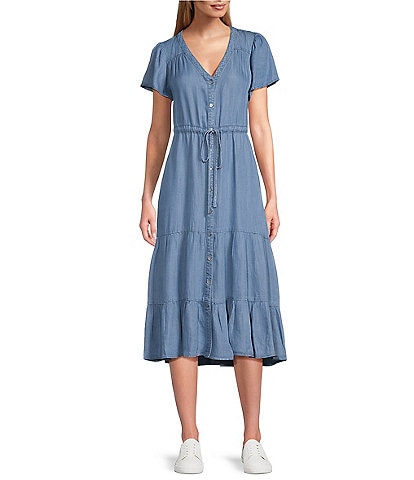 Nurture by Westbound Petite Size Button Front Short Flutter Sleeve A-Line Chambray Midi Dress