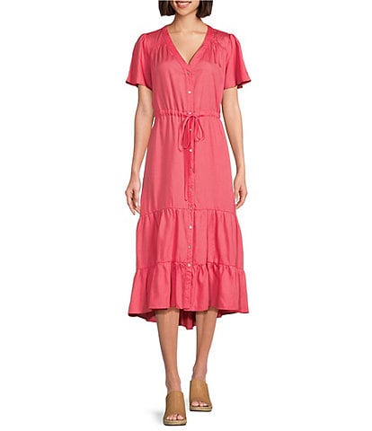Nurture by Westbound Petite Size Button Front Short Flutter Sleeve Cinched Tie Waist High-Low Tiered Midi A-Line Dress