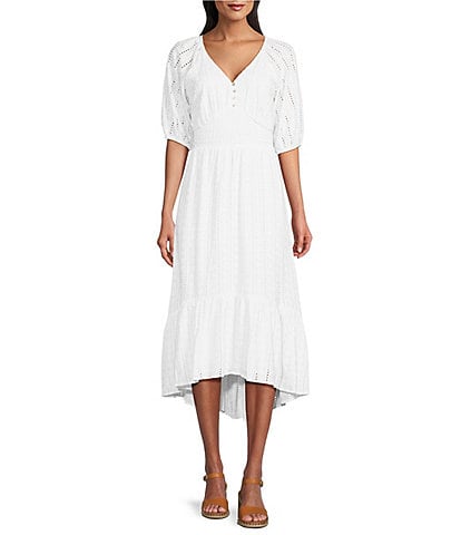 Nurture by Westbound Petite Size Embroidered Eyelet Elbow Sleeve Smocked Waist High-Low A-Line Midi Dress