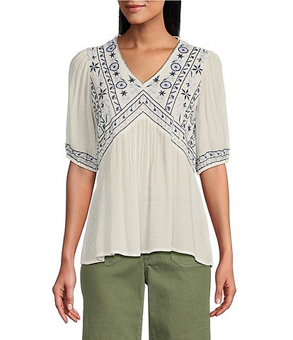 Nurture by Westbound Petite Size Embroidered V-Neck Puff Sleeve Blouse