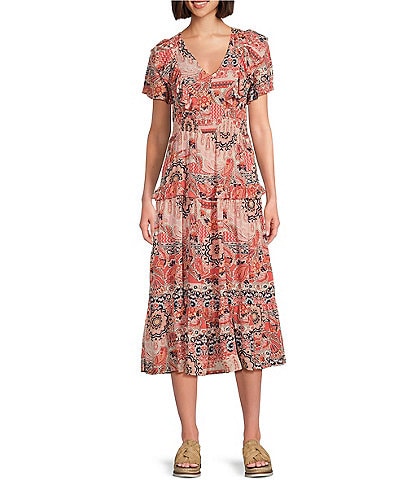 Nurture by Westbound Petite Size Printed V-Neck Tiered Short Sleeve Ruffle Midi A-Line Dress