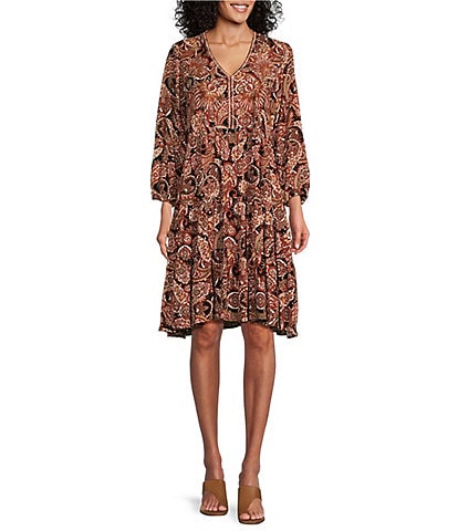 Nurture by Westbound Petite Size Spice Paisley Print Embroidered 3/4 Sleeve Tiered Dress