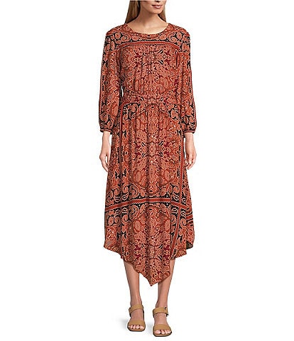 Nurture by Westbound Petite Size Spice Scarf Print 3/4 Sleeve Pointed Hem Midi Dress