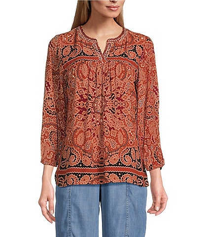 Nurture by Westbound Petite Size Spice Scarf Print 3/4 Sleeve V-Neck Top