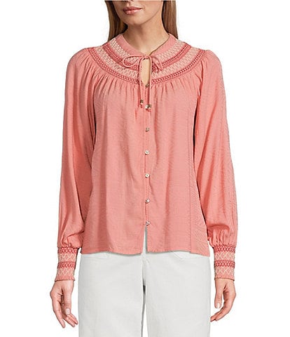 Nurture by Westbound Petite Size Woven Long Sleeve Button Front Novelty Smocking Top