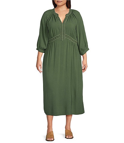 Nurture by Westbound Plus Size 3/4 Sleeve Embroidered V-Neckline Midi Dress