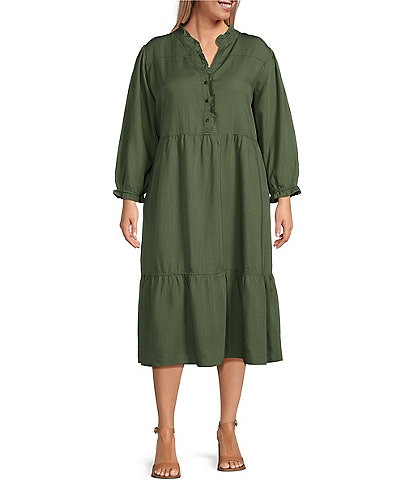 Nurture by Westbound Plus Size 3/4 Sleeve V-Neck Smocked Sheath Midi Dress
