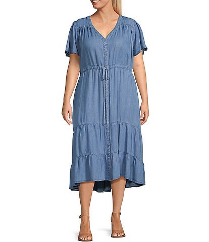 Nurture by Westbound Plus Size Button Front Short Flutter Sleeve A-Line Chambray Midi Dress