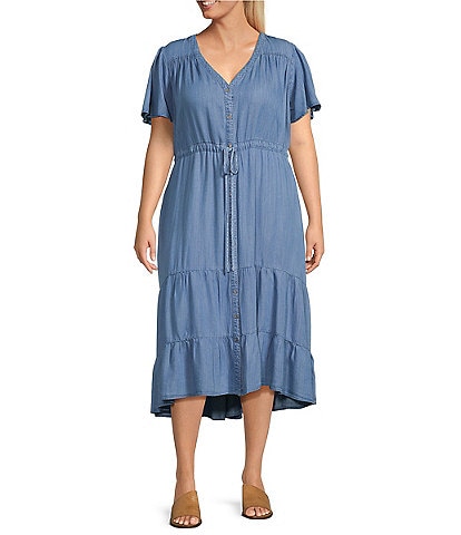 Nurture by Westbound Plus Size Button Front Short Flutter Sleeve A-Line Chambray Midi Dress