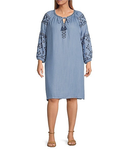 Nurture by Westbound Plus Size Chambray Embroidered 3/4 Sleeve Dress