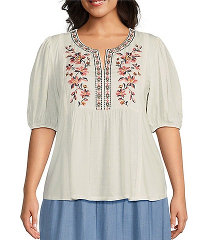 Nurture by Westbound Plus Size Elbow Sleeve Embroidered Square Yoke Top