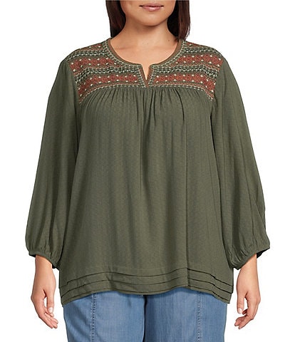 Nurture by Westbound Plus Size Embroidered Split Round Neck 3/4 Sleeve Blouse