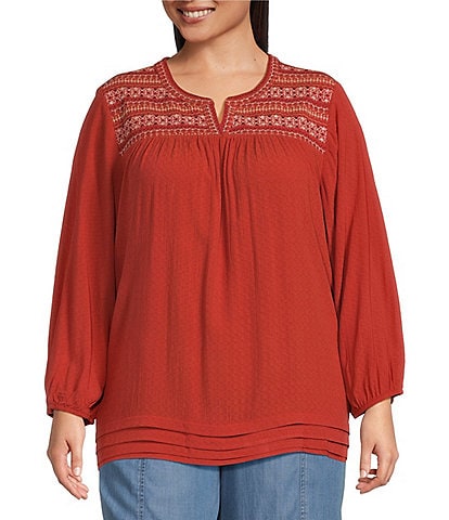 Nurture by Westbound Plus Size Embroidered Split Round Neck 3/4 Sleeve Blouse