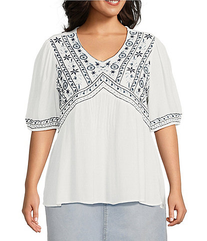 Nurture by Westbound Plus Size Embroidered V-Neck Puff Sleeve Blouse