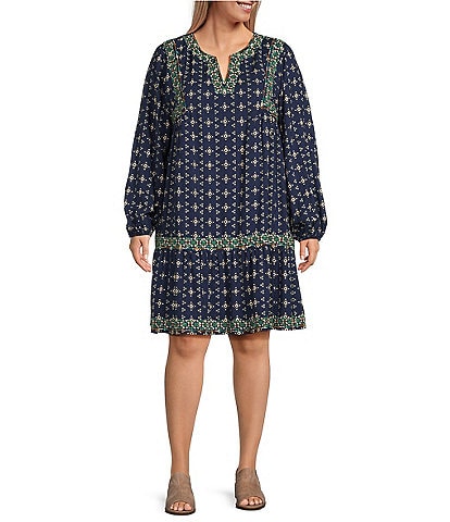 Nurture by Westbound Plus Size Long Sleeve Split V-Neck Embroidered Short Dress