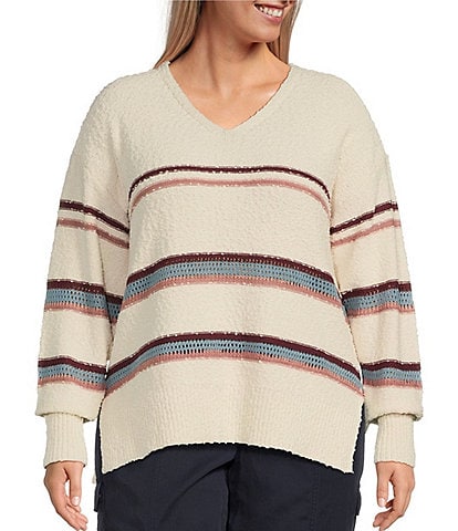 Nurture by Westbound Plus Size Long Sleeve V-Neck Striped Sweater