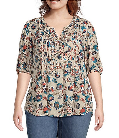 Plus Tops 2X Printed Neck Sleeve V Top Plus Blouse Size Women's