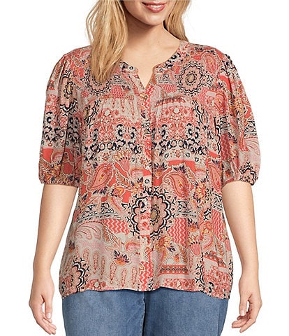 Nurture by Westbound Plus Size Smocked Front Elbow Sleeves Button Down Top