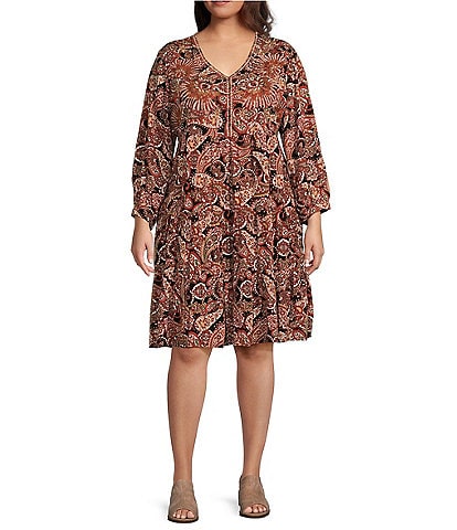 Nurture by Westbound Plus Size Spice Paisley Print Embroidered 3/4 Sleeve Tiered Dress