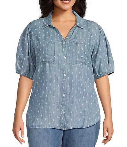 Nurture by Westbound Plus Size Woven Elbow Puff Sleeve Button Front Top