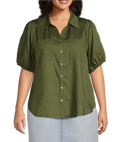 Nurture by Westbound Plus Size Woven Short Puff Sleeve Button Front Top