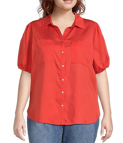 Nurture by Westbound Plus Size Woven Short Puff Sleeve Button Front Top