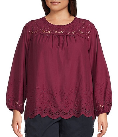 Nurture by Westbound Plus Size Woven Eyelet Detail Crew Neck Long Sleeve Top