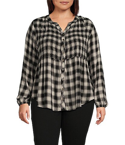 Nurture by Westbound Plus Size Woven Long Sleeve Button Front Y-Neck Top