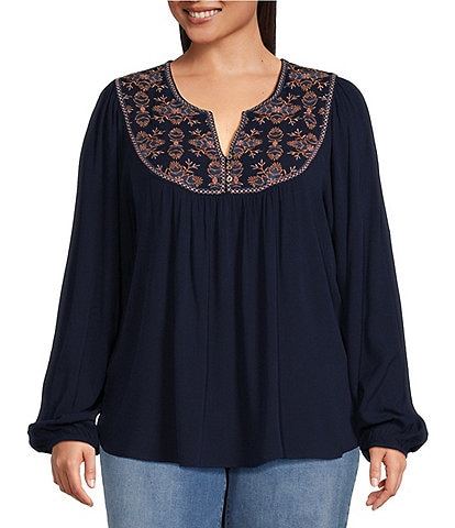 Nurture by Westbound Plus Size Woven Long Sleeve V-Neck Embroidered Top