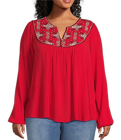 Nurture by Westbound Plus Size Woven Long Sleeve V-Neck Embroidered Top