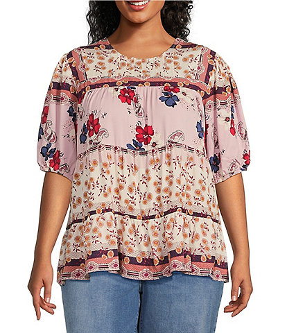 Nurture by Westbound Plus Size Woven Multi Floral Crew Neck Short Sleeve Tiered Top