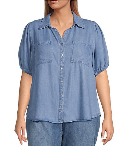 Nurture by Westbound Plus Size Woven Short Puff Sleeve Point Collar Curved Hem Button Front Top