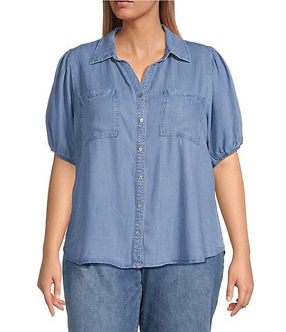 Nurture by Westbound Plus Size Woven Short Puff Sleeve Point Collar Curved Hem Button Front Top