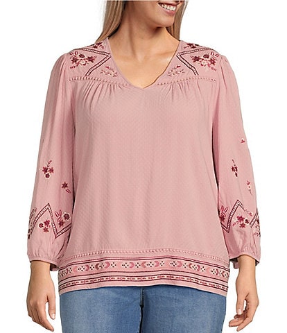 Nurture by Westbound Plus Size Woven V-Neck Long Sleeve Embroidered Top