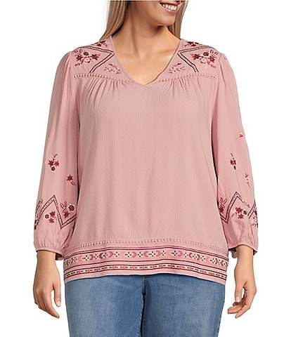 Nurture by Westbound Plus Size Woven V-Neck Long Sleeve Embroidered Top