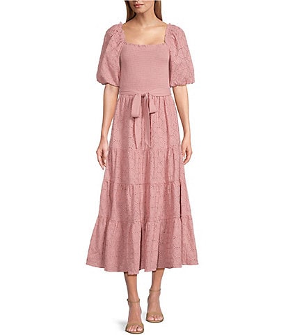 Nurture by Westbound Short Puff Sleeve Square Neck Belted Midi A-Line Dress
