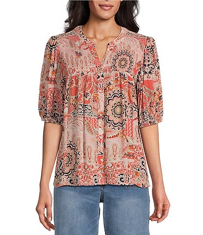 Nurture by Westbound Smocked Front Elbow Sleeves Button Down Top