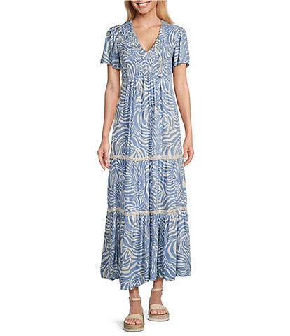 Nurture by Westbound Tiered Short Sleeve Smocked Abstract Maxi Dress