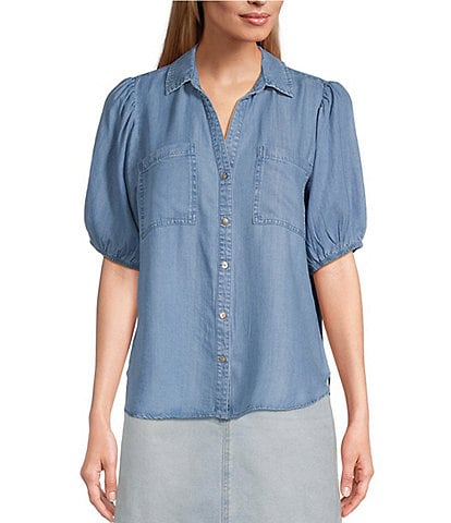 Nurture by Westbound Chambray Elbow Puff Sleeve Button Front Top