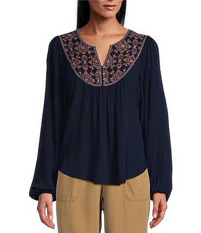 Nurture by Westbound Woven Embroidered V-Neck Long Sleeve Blouse